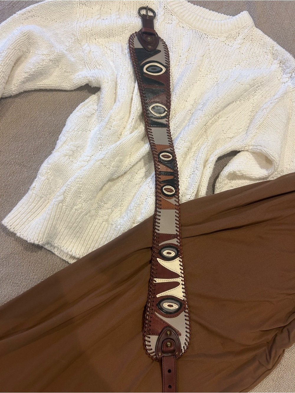 Brown Leather Patchwork Womans Waist Belt with Eyelet Details